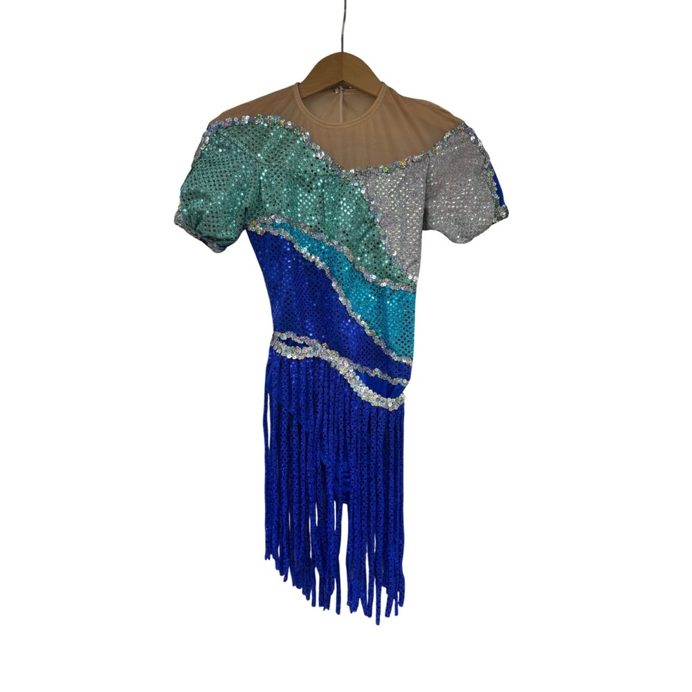 VTG Blue Sequin Fringe Dance‎ Leotard Costume Short Sleeve Mesh Performance SA